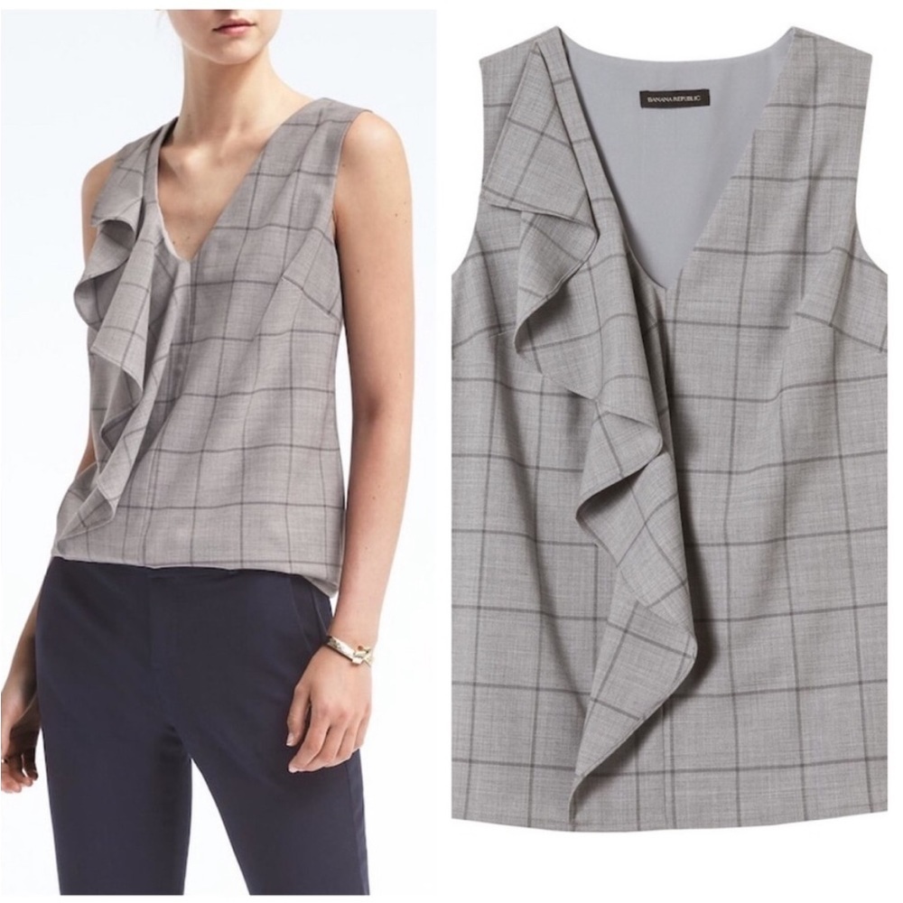 Banana Republic Light Gray Square Plaid Wool Cascading Ruffle Sleeveless Blouse